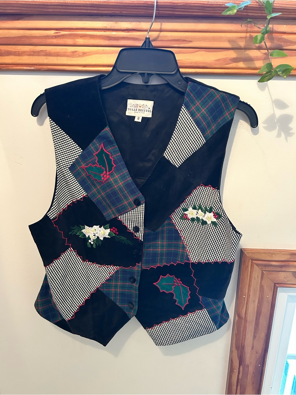 Susan Bristol Black & Green Plaid Holiday Patchwork Vest